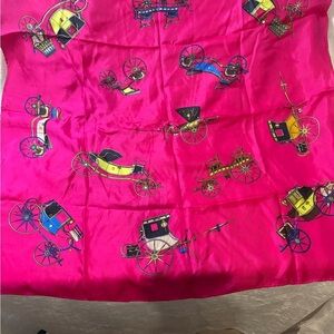 1970s Silk Bright Pink Scarf with Colorful Carriage Design